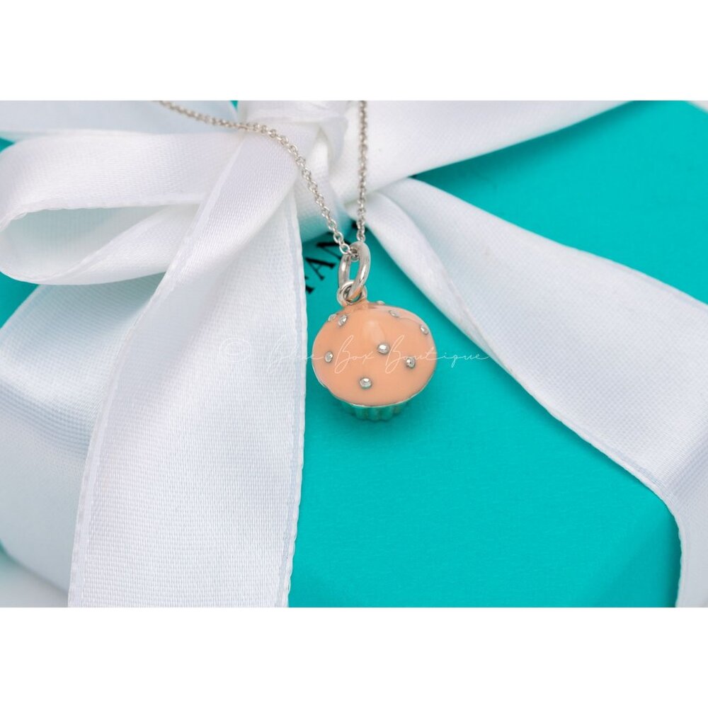 Tiffany & Co. Baker's Cupcake Pendant Pink Peach Frosting Charm Necklace Silver - Picture 5 of 6